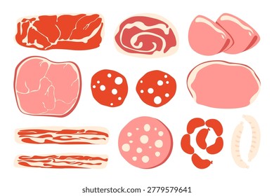 Meat products set. Cartoon fresh beef pork and chicken meat sausages bacon jamon salami ham, delicious meal ingredients for barbecue cooking, butcher grocery meat. Vector collection.