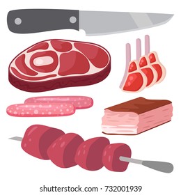 Meat products set of cartoon gourmet meal slice lamb cooked vector illustration
