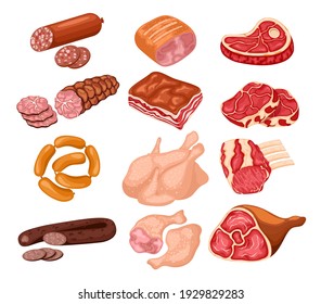 Meat Products Set. Foods Consist, Contain Pork, Beef, Lamb Or Chicken, Animal Product, Market Poster. Menu Design In Cartoon Style.