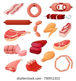 Meat products set. Foods consist, contain pork, beef, lamb or chicken, animal product, market poster. Meat icon flat style cartoon illustration isolated on white background.