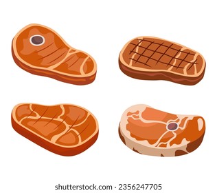 Meat products set. Frozen meat for steak and barbecue. Natural and organic eating with protein. Pork for grill, ingredients for cooking. Cartoon flat vector collection isolated on white background