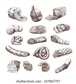 meat products set of hand drawn vector sketches on a white background