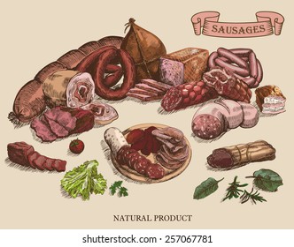 meat products set of hand drawn vector sketches on a grey background