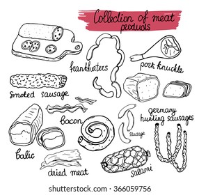 Meat products set of hand drawn vector sketches on a white background
