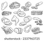 Meat products set. Outline retro sketch with sausage and sausages, bacon and steak, pork and beef. Brisket and mortadella food engraving. Linear flat vector collection isolated on white background