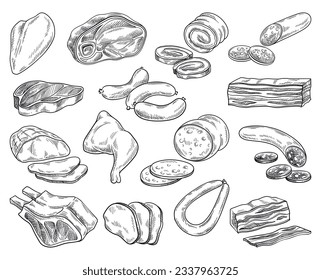 Meat products set. Outline retro sketch with sausage and sausages, bacon and steak, pork and beef. Brisket and mortadella food engraving. Linear flat vector collection isolated on white background