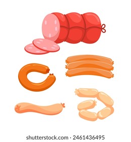 Meat products set. Sausages with slices. Whole and sliced farm meat products.