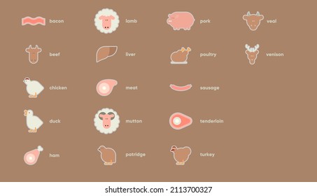 Meat products. A set of simple icons. Farmer's products. Minimalist icon design. Set of vector stickers. 