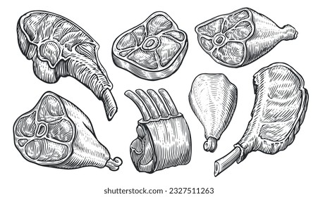 Fleischprodukte auf Skizze. Rindsteak, Schinken, Lammrippen, Schweinefleisch, Hühnerbein. Sortiment der Metzgerei, Vektorgrafik