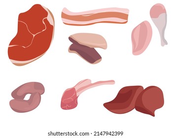 Meat products set, various options of meat steaks vector illustration