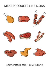 meat and meat products. set of vector icons in flat style