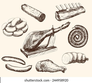 meat products set of vector sketches on a white background