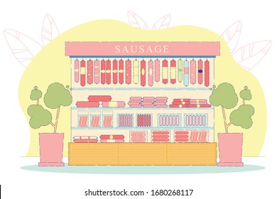 Meat Products Shop or Store Flat Cartoon Vector Illustration. Beef and Pork Meat Sausages, Ham, Bacon, Salami, Pepperoni in Butcher Shop Advertisement. Packaged Products. Family Production.