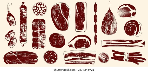 Meat products sketch. Hand drawn butcher beef, pork and chicken steaks, sausages and ham, mutton and lamb, gastronomy food, butchery concept. Vector meat stamp set.