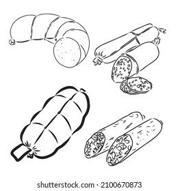 Meat products sketch vector icons. Isolated symbols of sausages, meat delicatessen of ham or bacon and barbecue brisket, butcher gourmet gastronomy of salami and steak for farmers market