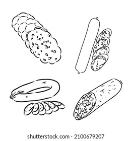 Meat products sketch vector icons. Isolated symbols of sausages, meat delicatessen of ham or bacon and barbecue brisket, butcher gourmet gastronomy of salami and steak for farmers market