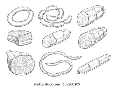 Meat products sketch vector icons. Isolated symbols of sausages, meat delicatessen of ham or bacon and barbecue brisket, butcher gourmet gastronomy of salami and steak for farmers market