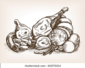 Meat products still life sketch style vector illustration. Old engraving imitation.