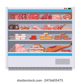 Meat products in supermarket fridge. Meat store butcher shop showcase counter. Sausage slices product. Delicatessen gastronomic product of beef pork chicken salami. Vector illustration flat style