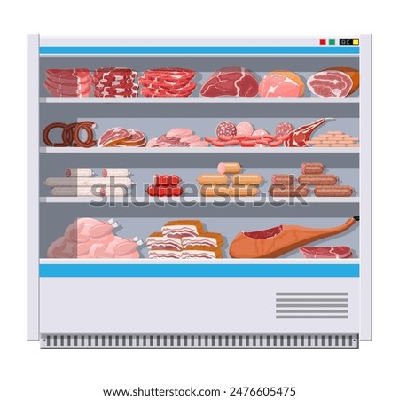 Meat products in supermarket fridge. Meat store butcher shop showcase counter. Sausage slices product. Delicatessen gastronomic product of beef pork chicken salami. Vector illustration flat style