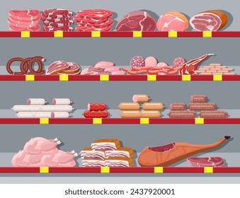 Meat products in supermarket shelf. Meat store butcher shop showcase counter. Sausage slices product. Delicatessen gastronomic product of beef pork chicken salami. Vector illustration flat style