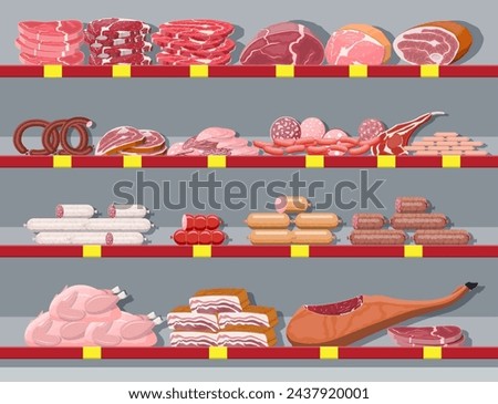 Meat products in supermarket shelf. Meat store butcher shop showcase counter. Sausage slices product. Delicatessen gastronomic product of beef pork chicken salami. Vector illustration flat style Stock foto © 