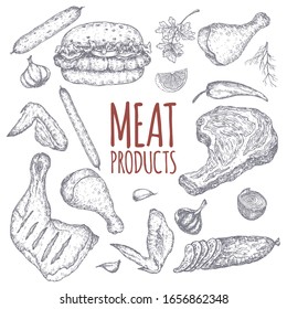 Meat products template pattern featuring hand drawn sketches of cold meats, sausages, hamburger, steak, chicken, vegetables. Great for market, restaurant, grill cafe, food label design.