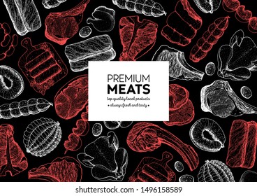 Meat products top view frame. Vector illustration. Engraved design. Hand drawn illustration. Pieces of meat design template. Great for package design. Chicken, beef, pork, sausage, lamb, ham sketch.