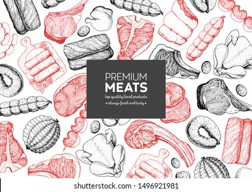 Meat products top view frame. Vector illustration. Engraved design. Hand drawn illustration. Pieces of meat design template. Great for package design. Chicken, beef, pork, sausage, lamb, ham sketch. 