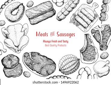 Meat products top view frame. Vector illustration. Engraved design. Hand drawn illustration. Pieces of meat design template. Great for package design. Chicken, beef, pork, sausage, lamb, ham sketch. 