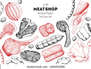Meat products top view frame. Vector illustration. Engraved design. Hand drawn illustration. Pieces of meat design template. Great for package design. Chicken, beef, pork, sausage, lamb, ham sketch.