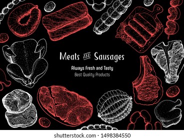 Meat products top view frame. Vector illustration. Engraved design. Hand drawn illustration. Pieces of meat design template. Great for package design. Chicken, beef, pork, sausage, lamb, ham sketch.