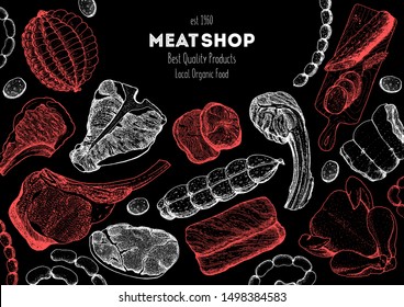 Meat products top view frame. Vector illustration. Engraved design. Hand drawn illustration. Pieces of meat design template. Great for package design. Chicken, beef, pork, sausage, lamb, ham sketch. 