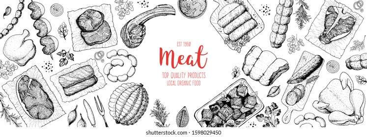 Meat products top view frame. Vector illustration. Engraved design. Hand drawn illustration. Pieces of meat design template. Great for package design. Chicken, beef, pork, sausage, lamb, ham sketch.