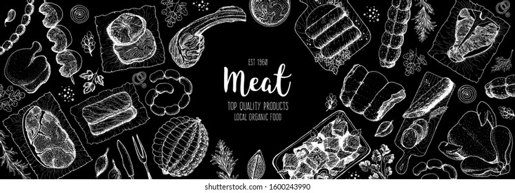 Meat products top view frame. Vector illustration. Engraved design. Hand drawn illustration. Pieces of meat design template. Great for package design. Chicken, beef, pork, sausage, lamb, ham sketch.