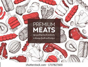 Meat products top view frame. Vector illustration. Engraved design. Hand drawn illustration. Pieces of meat design template. Great for package design. Chicken, beef, pork, sausage, lamb, ham sketch.