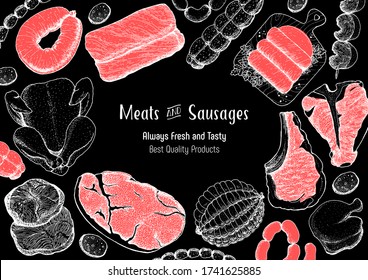 Meat products top view frame. Vector illustration. Engraved design. Hand drawn illustration. Pieces of meat design template. Great for package design. Chicken, beef, pork, sausage, lamb, ham sketch.