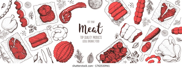 Meat products top view frame. Vector illustration. Engraved design. Hand drawn illustration. Pieces of meat design template. Great for package design. Chicken, beef, pork, sausage, lamb, ham sketch.