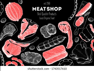 Marco de visión superior de productos cárnicos. Ilustración vectorial. Diseño grabado. Ilustración dibujada a mano. Plantilla de diseño de trozos de carne. Ideal para el diseño de paquetes. Pollo, carne de res, cerdo, salchichas, cordero, bocadillos de jamón.