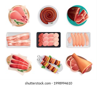 Meat products top view realistic set with with bacon sausages ham beef shank loaf kebab vector illustration