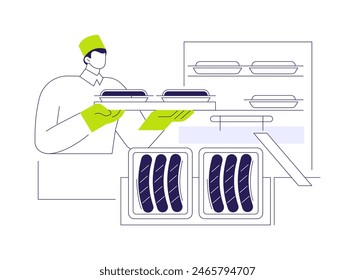 Meat products vacuum packaging abstract concept vector illustration. Worker making vacuum package for sausages, raw food processing industry, meat products curing in container abstract metaphor.