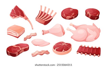 Produtos à base de carne Ícone de vetor conjunto de carnes frescas com bife, costelas, banha, fatia de bacon para menu de churrasqueira, churrasco, churrasco. Carne de vitela, porco, frango, carne crua. Cartoon butchery shop, ingrediente orgânico da fazenda.