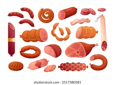 Meat products. Vector icon set of steak, salami, pork bacon, chicken, chorizo, ham, bbq frankfurters sausages, pepperoni. Meat market, butchery menu, shop products, grill bar. Barbecue delicatessen