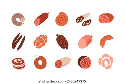 Meat products. Vector icon set of steak, salami, pork, chicken, chorizo, ham, bbq frankfurters sausages, pepperoni. Meat market, butchery menu, shop products, grill bar. Barbecue delicatessen