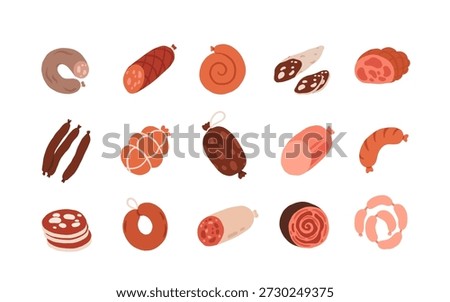 Meat products. Vector icon set of steak, salami, pork, chicken, chorizo, ham, bbq frankfurters sausages, pepperoni. Meat market, butchery menu, shop products, grill bar. Barbecue delicatessen