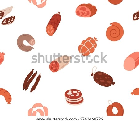 Meat products. Vector seamless pattern, steak, salami, pork, chicken, chorizo, ham, bbq frankfurters sausages, pepperoni. Meat market, butchery menu, shop products, grill bar. Barbecue delicatessen