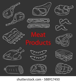 Meat products vector sketch illustration, beef steak, lamb chop, pork, roast chicken, bacon, chicken wings, ribs and  sausages, isolated on chalkboard background, doodle  style.