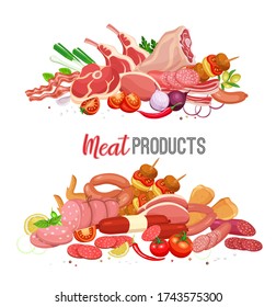 Meat products with vegetables and spices banners template for food meat production, brochures, banner, menu and shop design. Vector Illustration.