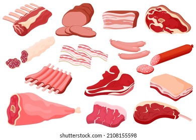 Meat products.A set of illustrations for a butcher shop.Beef steak, pork ham,bacon,carbonate,tenderloin, sausage, sausages, pork and beef ribs.Collection of elements for design.Vector illustration.