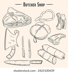 Carne, jamón, costillas, conjunto de colección de salchichas de ilustración vintage de trazo. Líneas dibujadas a mano, elementos vectoriales para el diseño de menús.